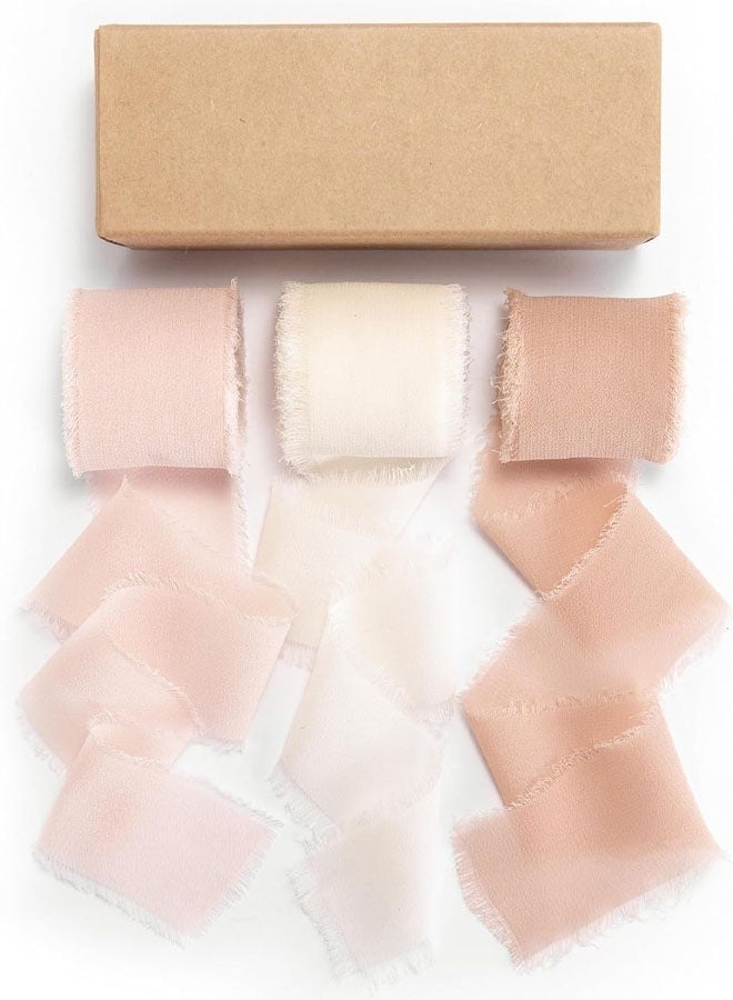 Pink And Cream Chiffon Ribbon For Flower Bouquet, 1.5" x21Yd Fabric Ribbon For Gift Wrapping, Handmade Frayed Ribbon For Wedding Invitations / Christmas Decorations - Image 1