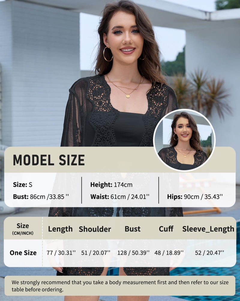 Bsubseach Womens Bathing Suit Cover Up 2025 Black Sheer Lace Cardigan Long Sleeve Kimono Swimsuit Cover Up Back Cut Out Beachwear - Image 4