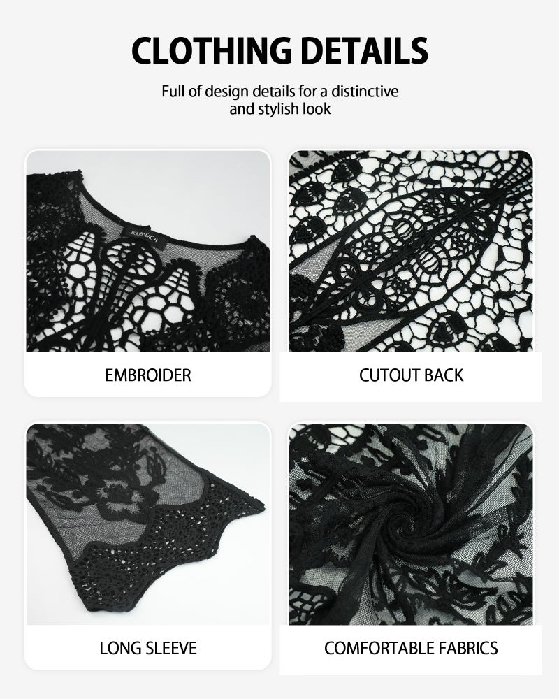 Bsubseach Womens Bathing Suit Cover Up 2025 Black Sheer Lace Cardigan Long Sleeve Kimono Swimsuit Cover Up Back Cut Out Beachwear - Image 3
