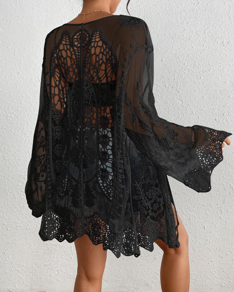 Bsubseach Womens Bathing Suit Cover Up 2025 Black Sheer Lace Cardigan Long Sleeve Kimono Swimsuit Cover Up Back Cut Out Beachwear - Image 5