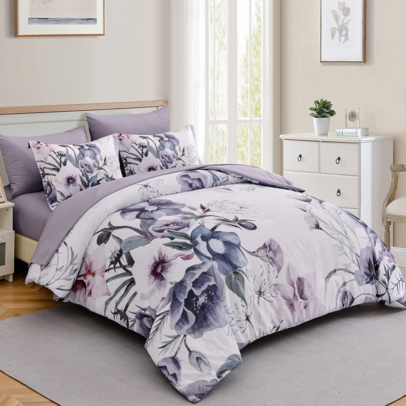 Luxudecor Floral Comforter Set Full Size 7 Piece, Purple Flower Bed in a Bag, Elegant Floral Comforter with Sheet Set, Soft Microfiber Bedding Set for All Season (Purple, 80"x90") - Image 2