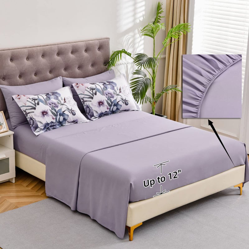 Luxudecor Floral Comforter Set Full Size 7 Piece, Purple Flower Bed in a Bag, Elegant Floral Comforter with Sheet Set, Soft Microfiber Bedding Set for All Season (Purple, 80"x90") - Image 4