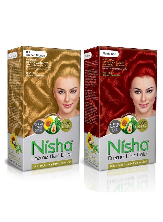 Nisha Creme Golden Blonde And Flame Red Rich; Bright; Long Lasting Shine Hair Colour (60Gm + 90Ml + 18Ml Conditioner) Combo Pack - Image 1