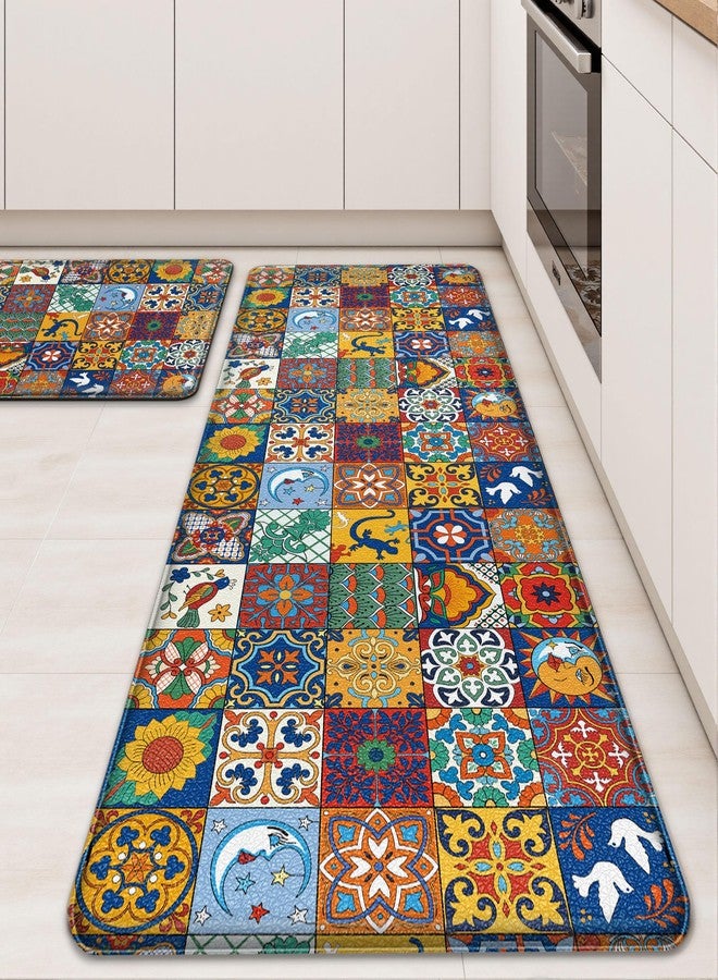 Tritard Boho Kitchen Mats for Floor 2 Pcs Colorful Ceramic Kitchen Rugs Non-Skid Waterproof Anti Fatigue Mats for Kitchen Floor PVC Kitchen Floor Mat for Sink,Laundry,Office,17.3x28+17.3x47 Inch - Image 1