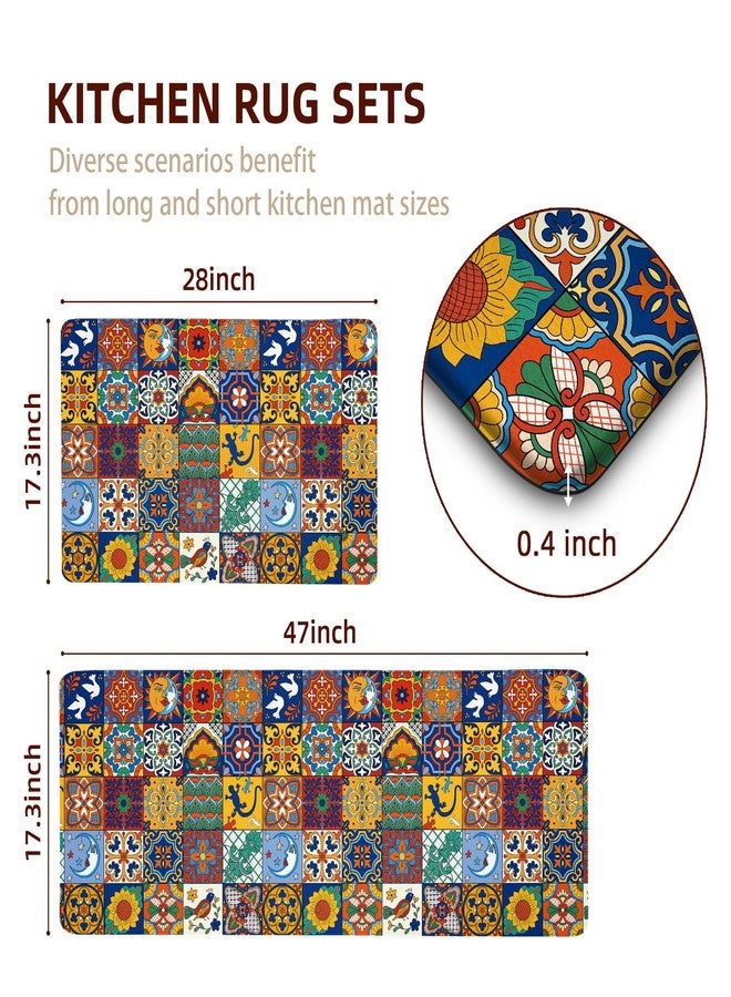 Tritard Boho Kitchen Mats for Floor 2 Pcs Colorful Ceramic Kitchen Rugs Non-Skid Waterproof Anti Fatigue Mats for Kitchen Floor PVC Kitchen Floor Mat for Sink,Laundry,Office,17.3x28+17.3x47 Inch - Image 2