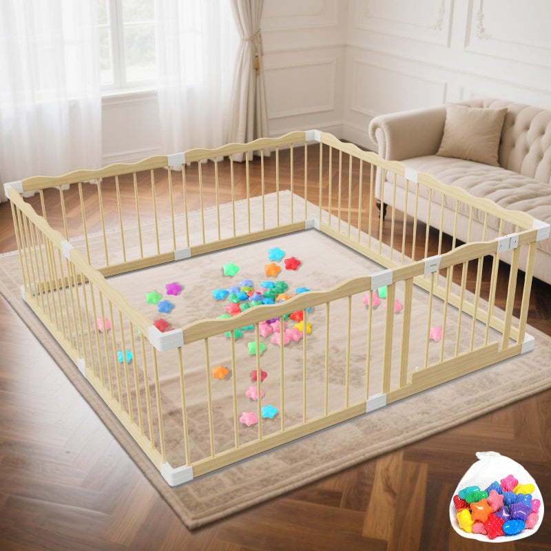 Deeteck سياج لعب خشبي للأطفال - تصميم موجي 65"×65" لسياج الأطفال والرضع - يتضمن 30 كرة بحرية معتمدة للسلامة - سياج خشبي داخلي وخارجي سهل التجميع - Image 1