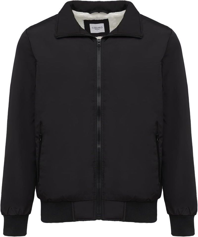 CEDRO جاكيت بومبر أسود للرجال مع ياقة من الفرو - Image 1