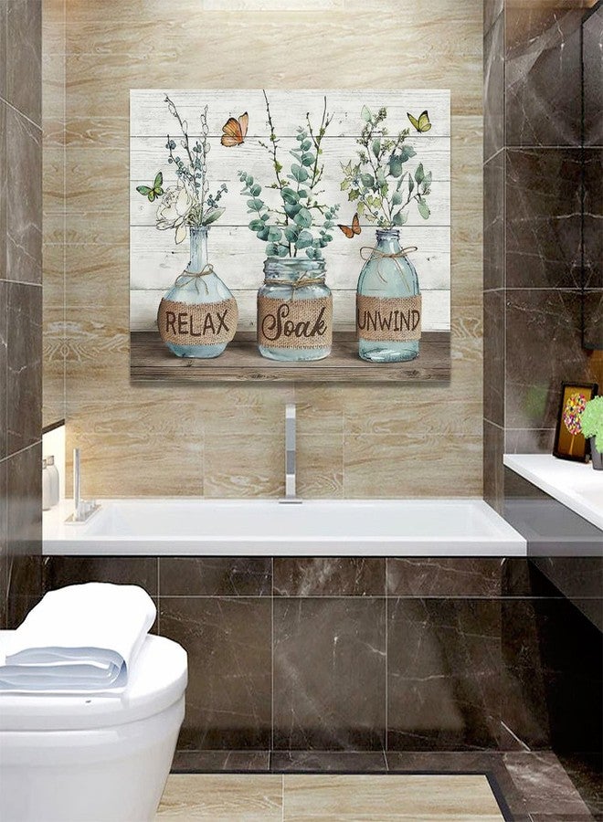Tijuboni Farmhouse Bathroom Decor Wall Art Rustic Eucalyptus Pictures Canvas Prints Country Relax Soak Unwind Bathroom Sign Green Botanical Butterfly Artwork Modern Home Decor Ready to Hang 16"x24" - Image 4