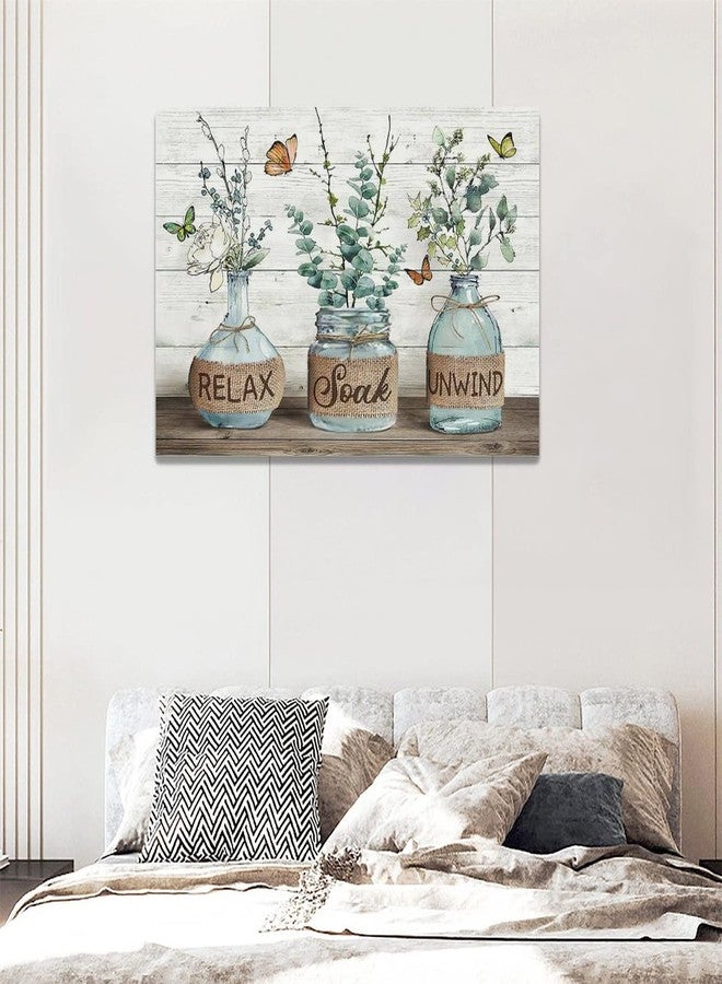 Tijuboni Farmhouse Bathroom Decor Wall Art Rustic Eucalyptus Pictures Canvas Prints Country Relax Soak Unwind Bathroom Sign Green Botanical Butterfly Artwork Modern Home Decor Ready to Hang 16"x24" - Image 2
