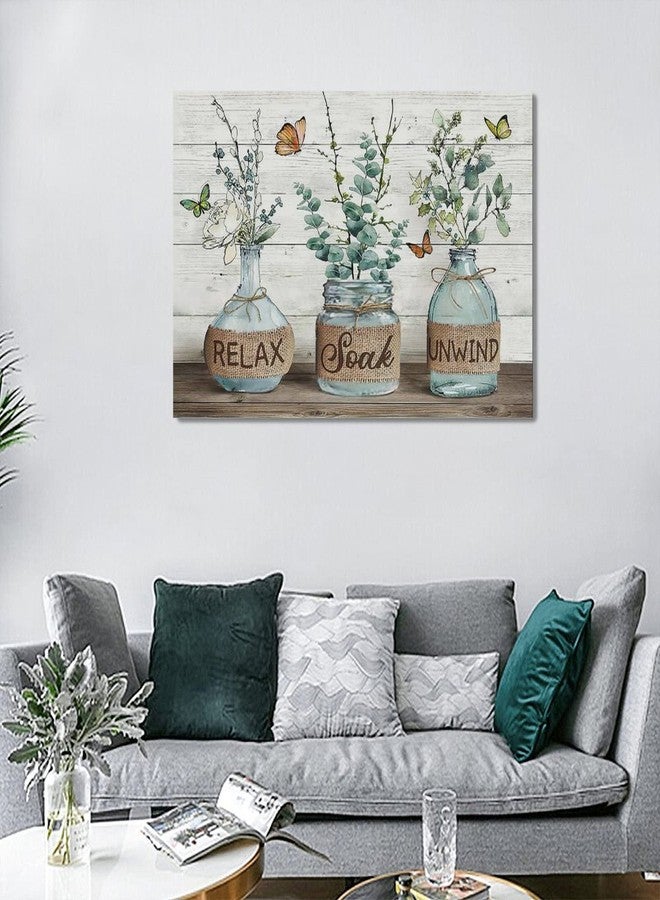 Tijuboni Farmhouse Bathroom Decor Wall Art Rustic Eucalyptus Pictures Canvas Prints Country Relax Soak Unwind Bathroom Sign Green Botanical Butterfly Artwork Modern Home Decor Ready to Hang 16"x24" - Image 5