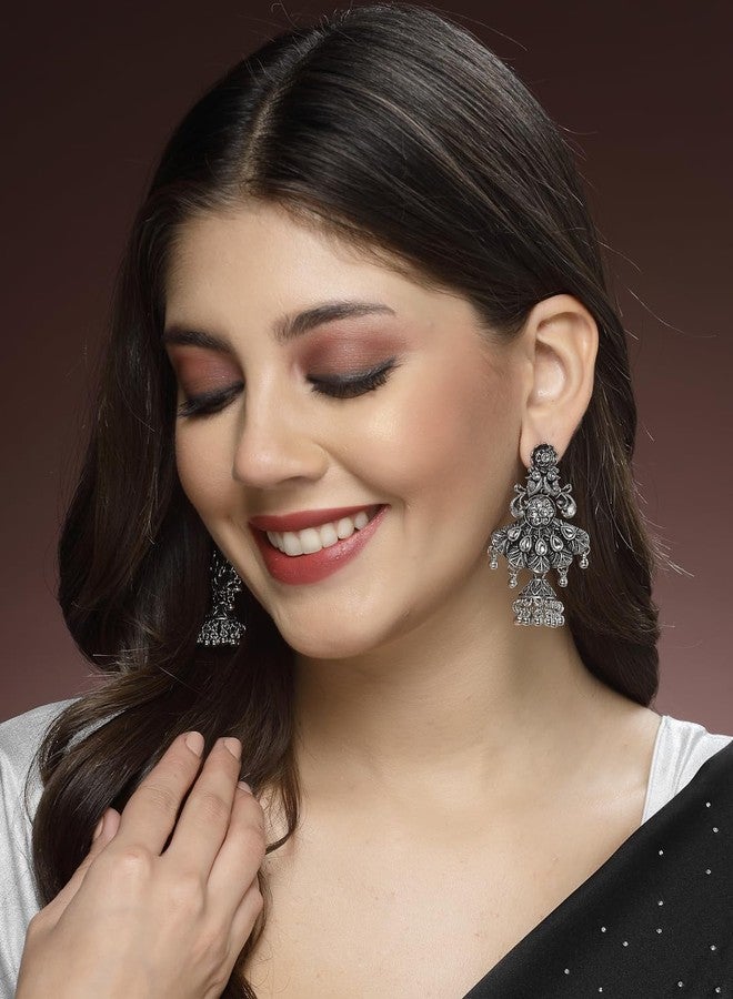 ADIVA Oxidised Silver-Plated Multicolour Pearls & Stone Studded Floral Shaped Jhumka Earrings Set for women, Traditional Stylish Jhumka for Girls Party, Wedding, Festive - Image 2