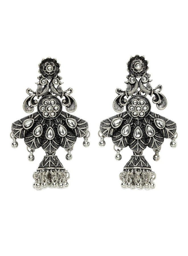 ADIVA Oxidised Silver-Plated Multicolour Pearls & Stone Studded Floral Shaped Jhumka Earrings Set for women, Traditional Stylish Jhumka for Girls Party, Wedding, Festive - Image 1
