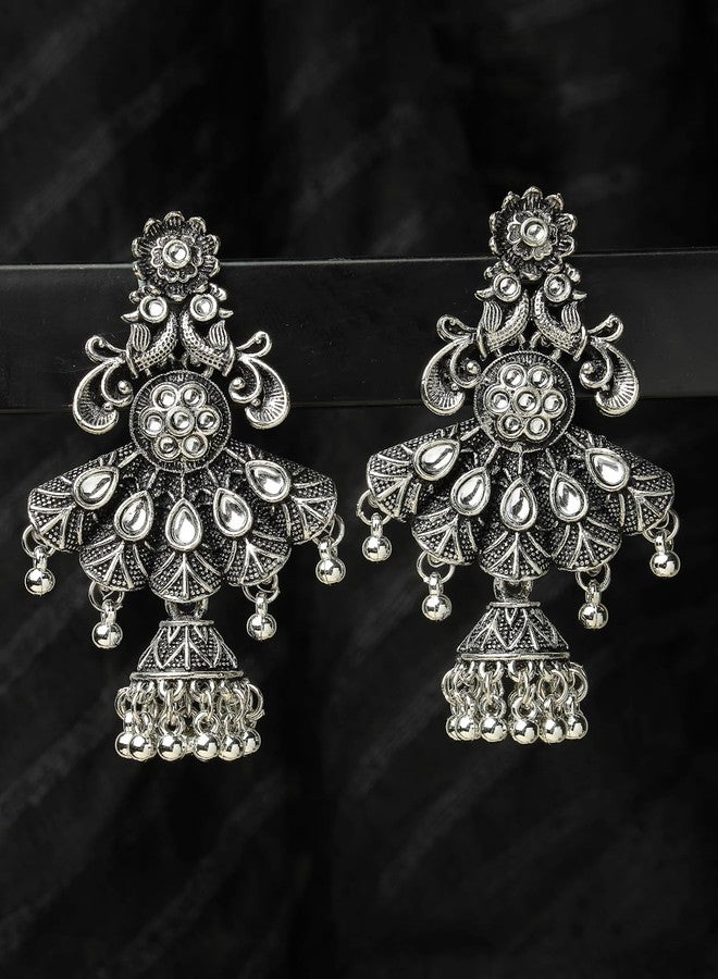 ADIVA Oxidised Silver-Plated Multicolour Pearls & Stone Studded Floral Shaped Jhumka Earrings Set for women, Traditional Stylish Jhumka for Girls Party, Wedding, Festive - Image 4