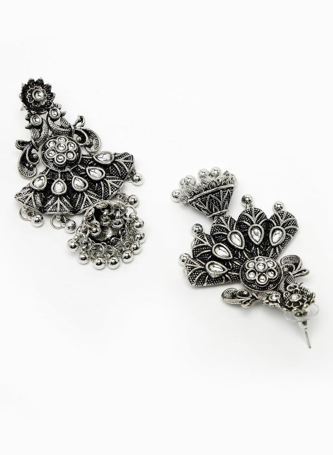 ADIVA Oxidised Silver-Plated Multicolour Pearls & Stone Studded Floral Shaped Jhumka Earrings Set for women, Traditional Stylish Jhumka for Girls Party, Wedding, Festive - Image 5