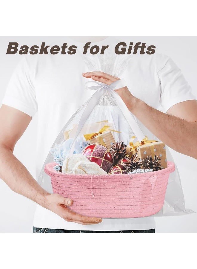 Pro Goleem Small Woven Basket with Gift Bags and Ribbons Durable Baskets for Gifts Empty Small Rope Basket for Storage 12"X 8" X 5" Baby Toy Basket with Handles, Pink - Image 2