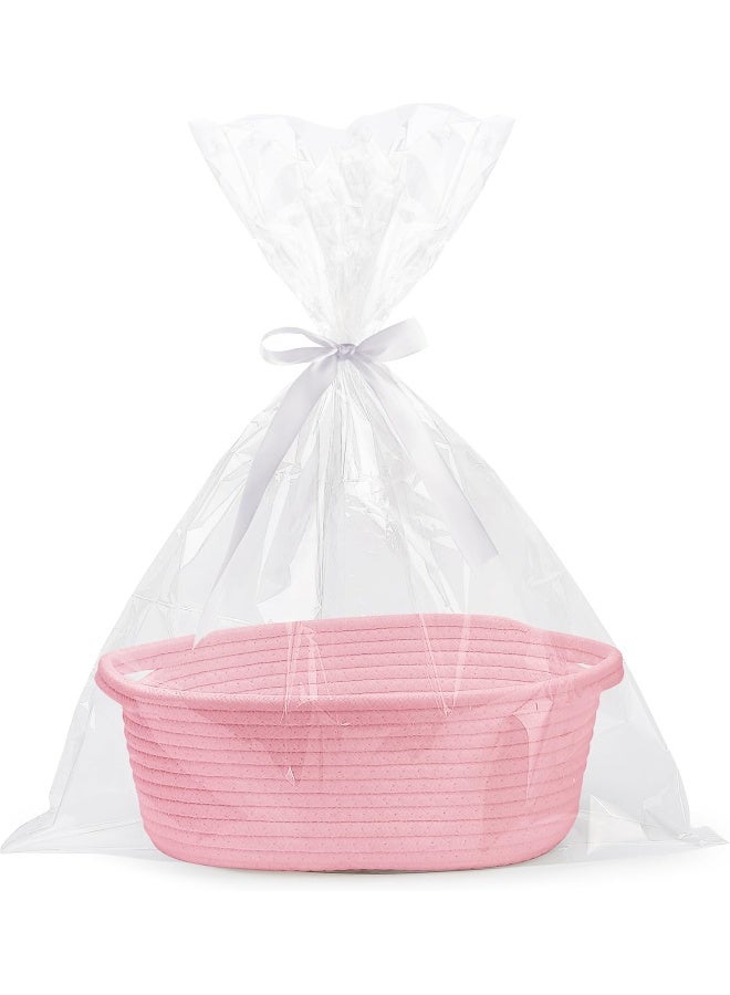 Pro Goleem Small Woven Basket with Gift Bags and Ribbons Durable Baskets for Gifts Empty Small Rope Basket for Storage 12"X 8" X 5" Baby Toy Basket with Handles, Pink - Image 1