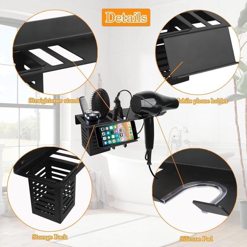 Yimerlen Blow Dryer and Straightener Holder, Hair Holder Wall Mounted Tools Organizer, Bathroom Ultifunctional Straighteners (Black, with Mobile Phone Holder) - Image 3
