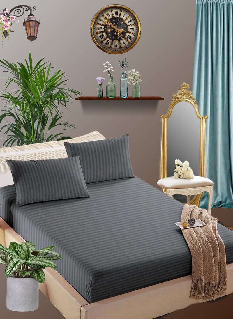 Blueberry Cloudy Grey Striped Double Size Sheet Set Deep Pockets Machine Washable 150x200+20cm - Image 1