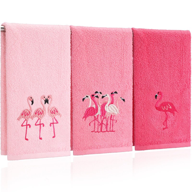 Hahafelt 3 Pack Pink Flamingo Hand Towels for Bathroom 100% Cotton Embroidered Beach Bathroom Towels 13.78 x 29.53 Inch Soft Absorbent (Pink, Flamingo) - Image 1