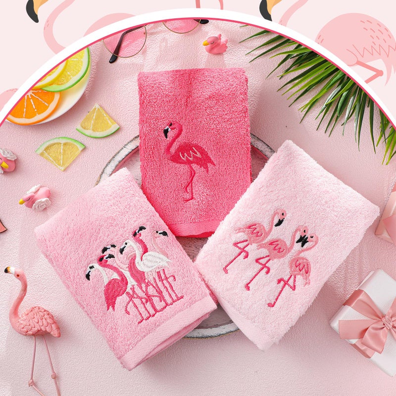 Hahafelt 3 Pack Pink Flamingo Hand Towels for Bathroom 100% Cotton Embroidered Beach Bathroom Towels 13.78 x 29.53 Inch Soft Absorbent (Pink, Flamingo) - Image 4