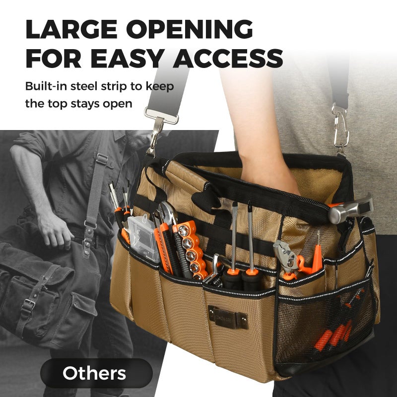 COMOWARE 16" Tool Bag, 19-Pocket Heavy Duty Tool Organizer with Adjustable 51.2" Shoulder Strap, 1680D Oxford Fabric & PVC Coating, Reflective Strips, Tactical Loops, Mechanics, Plumbers, DIY - Image 5
