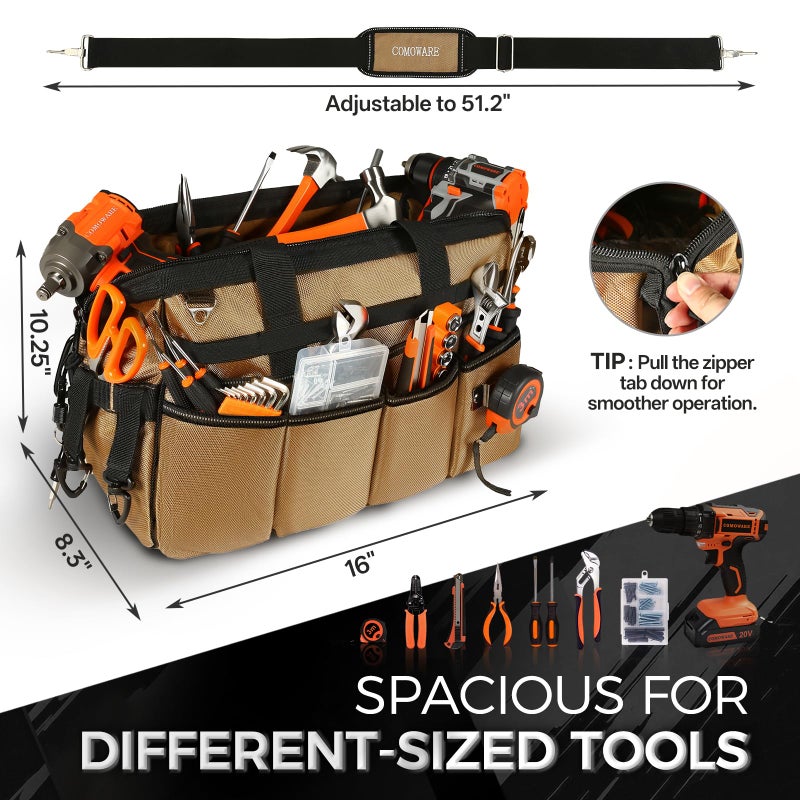 COMOWARE 16" Tool Bag, 19-Pocket Heavy Duty Tool Organizer with Adjustable 51.2" Shoulder Strap, 1680D Oxford Fabric & PVC Coating, Reflective Strips, Tactical Loops, Mechanics, Plumbers, DIY - Image 2