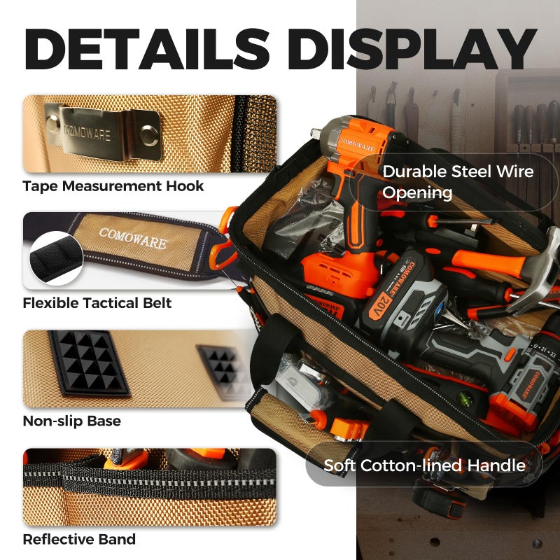COMOWARE 16" Tool Bag, 19-Pocket Heavy Duty Tool Organizer with Adjustable 51.2" Shoulder Strap, 1680D Oxford Fabric & PVC Coating, Reflective Strips, Tactical Loops, Mechanics, Plumbers, DIY - Image 3