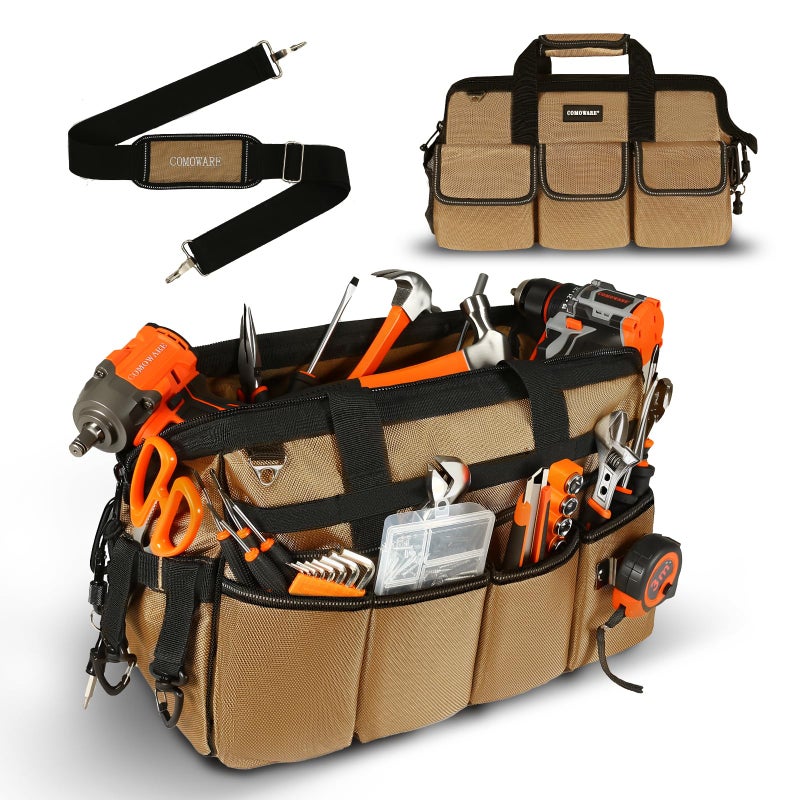 COMOWARE 16" Tool Bag, 19-Pocket Heavy Duty Tool Organizer with Adjustable 51.2" Shoulder Strap, 1680D Oxford Fabric & PVC Coating, Reflective Strips, Tactical Loops, Mechanics, Plumbers, DIY - Image 1