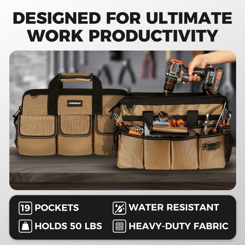 COMOWARE 16" Tool Bag, 19-Pocket Heavy Duty Tool Organizer with Adjustable 51.2" Shoulder Strap, 1680D Oxford Fabric & PVC Coating, Reflective Strips, Tactical Loops, Mechanics, Plumbers, DIY - Image 4