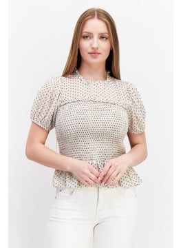 1 State Women Ruffle Neck Puff Sleeve Polka Dot Blouse, Beige  - Image 1