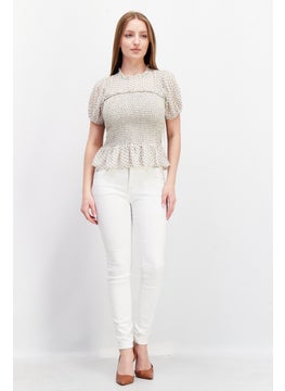 1 State Women Ruffle Neck Puff Sleeve Polka Dot Blouse, Beige  - Image 3