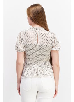 1 State Women Ruffle Neck Puff Sleeve Polka Dot Blouse, Beige  - Image 4