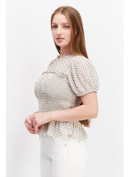 1 State Women Ruffle Neck Puff Sleeve Polka Dot Blouse, Beige  - Image 2