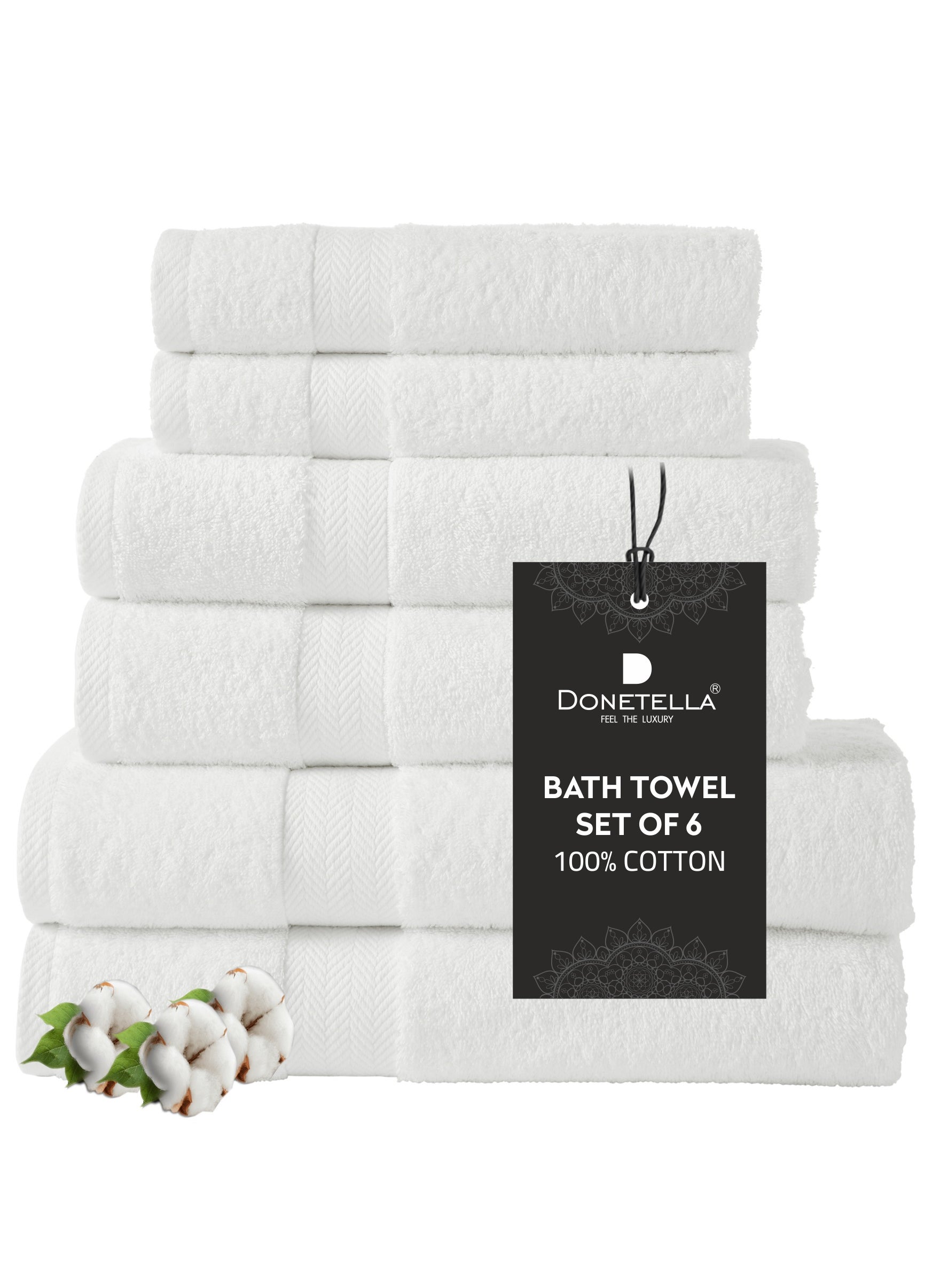 Donetella Premium Towel 6-Pcs Set, 100% Combed Cotton 600 GSM, Highly Absorbent, Quick Dry Towel Set Include 2 Bath Towel, 2 Bath Sheet, 2 Hand Towel, Best Set for Bathroom Gym, Hotel And Spa,White 