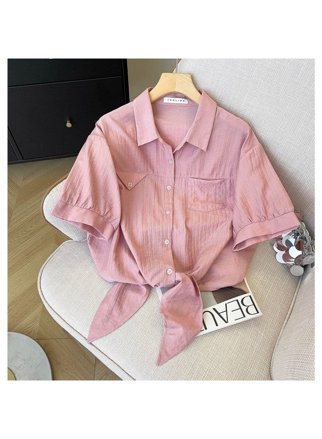 TonLion Short Sleeve Blouse Women Summer 2025 New Design Tie Detail Slim Fit Korean Style Office Top - Image 2