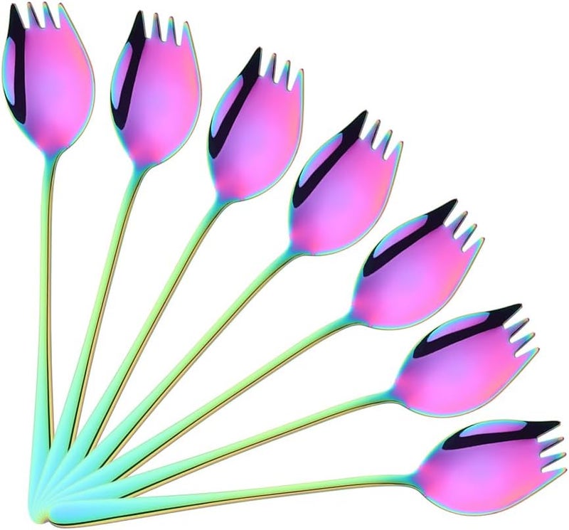 BOOTLION Sporks 2 in 1 Spoons Forks 7 Pieces Mix Color Stainless Steel Reusable Metal Korean Soup Dinner Spoons Camping Flatware Rainbow Color - Image 1
