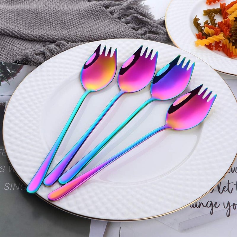 BOOTLION Sporks 2 in 1 Spoons Forks 7 Pieces Mix Color Stainless Steel Reusable Metal Korean Soup Dinner Spoons Camping Flatware Rainbow Color - Image 3