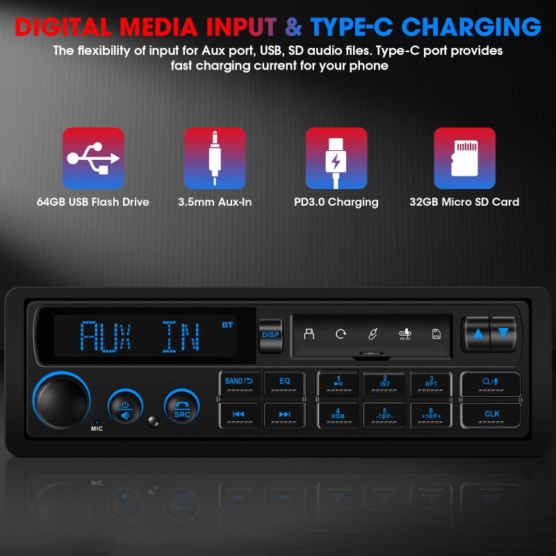 DOVOX Single Din Retro Car Radio: European Style Stereo for Classic Vehicles - Bluetooth FM AM USB SD AUX USB-C Fast Charge 4-CHN 2 Subwoofer Outputs SWC - Image 5
