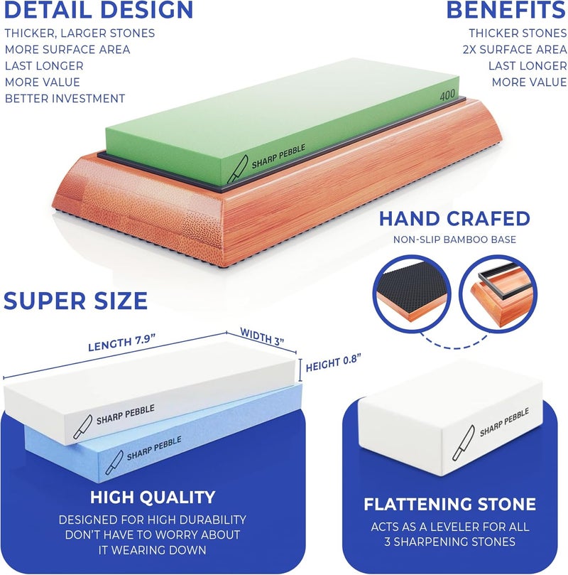 Sharp Pebble Knife Sharpening Stones Kit -Grits 400/1000/6000 Extra Large Whetstone- Wet Stone Knives Sharpener Set with NonSlip Bamboo Base & Flattening Stone - Image 2