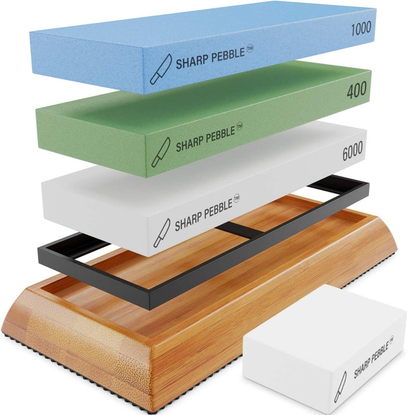 Sharp Pebble Knife Sharpening Stones Kit -Grits 400/1000/6000 Extra Large Whetstone- Wet Stone Knives Sharpener Set with NonSlip Bamboo Base & Flattening Stone - Image 1