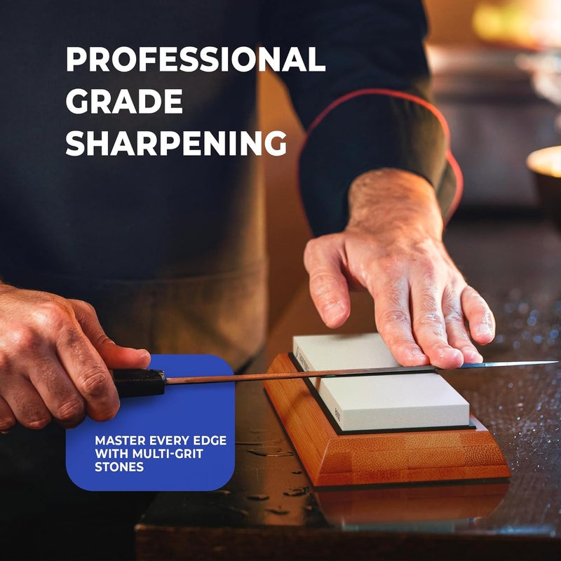 Sharp Pebble Knife Sharpening Stones Kit -Grits 400/1000/6000 Extra Large Whetstone- Wet Stone Knives Sharpener Set with NonSlip Bamboo Base & Flattening Stone - Image 5
