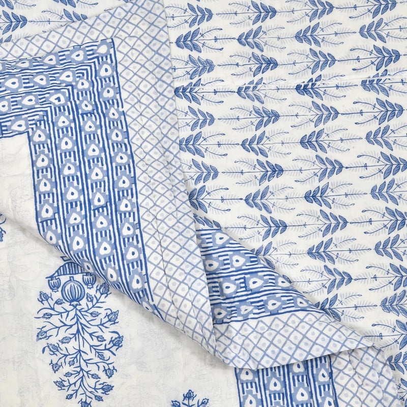 BLOCKS OF INDIA Hand Block Printed Cotton King Size QuiltRajai 90 inch X 108 inch Blue BUTA TC 300 - Image 4