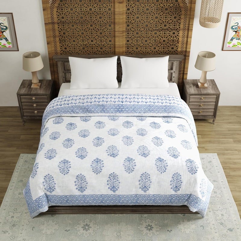 BLOCKS OF INDIA Hand Block Printed Cotton King Size QuiltRajai 90 inch X 108 inch Blue BUTA TC 300 - Image 2