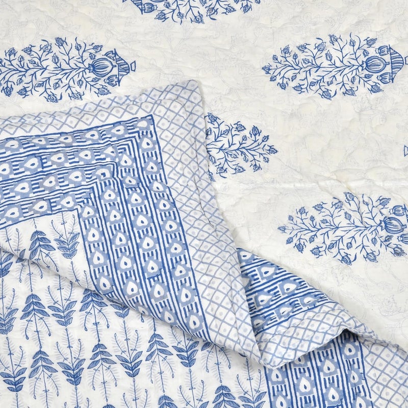 BLOCKS OF INDIA Hand Block Printed Cotton King Size QuiltRajai 90 inch X 108 inch Blue BUTA TC 300 - Image 5