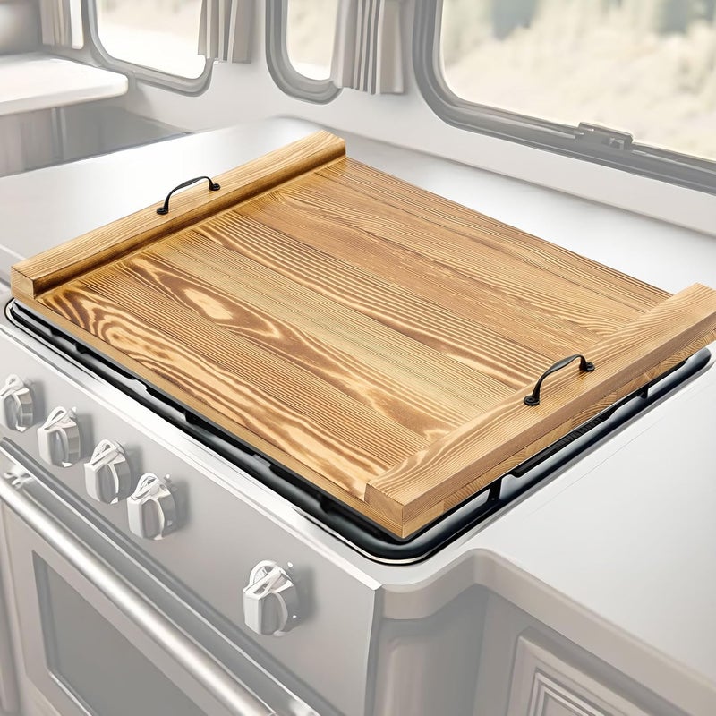 Maxdot Rv Stove Top Cover Board Wood Noodle Board Camper Stove Top Cover Countertop Cutting with 5 Pcs Adjustable Non-Slip Rubber Feet Legs Juice Groove for Trailer Gas Burner Electric Range Kitchen - Image 1