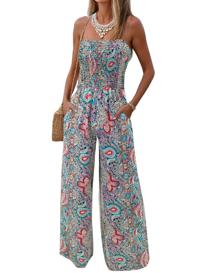 AUXDIO Womens Casual Strapless Summer Jumpsuits Loose Off Shoulder Smocked Sleeveless Wide Leg Romper with Pockets 15 Medium - Image 1