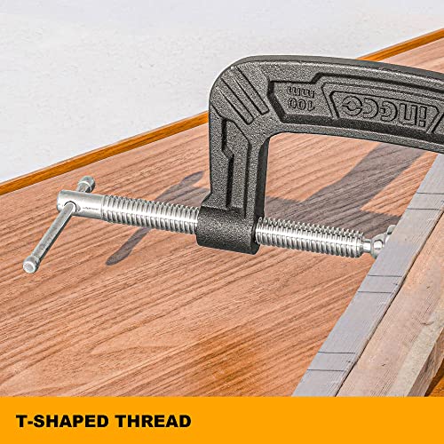 INGCO G-Clamp, 4"/100mm Heavy Duty G-Clamp, Body Malleable Cast iron T-shaped Tread, Clamps for DIY Carpentry Woodwork Building - Image 3