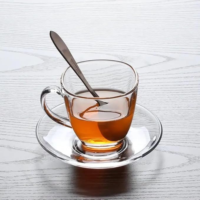 Mevanta Premium Glass Tea Cup and Saucer Set (6 Cups & 6 Saucers - 220 ML) Transparent Cups & Saucer Set For Coffee Herbal Green Tea, Lemon Tea, Espresso, Hot Chocolate,Cappuccino (MSC - 01, Set of 6) - Image 4