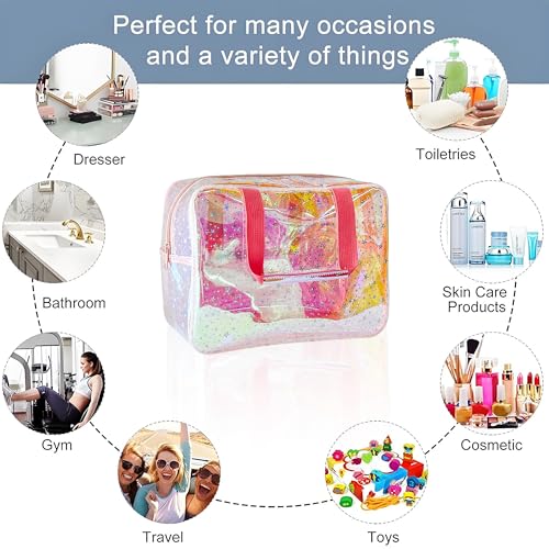 TotePrint TPU Holographic Clear Star Large Cosmetic Bag and Travel Pouch with Handle,Durable TPU Material,Zipper Design-Ideal for Makeup,Travel Essentials (Holographic pink) - Image 4