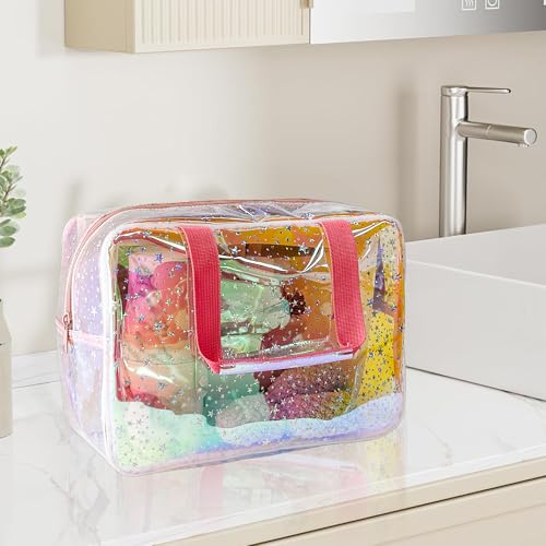 TotePrint TPU Holographic Clear Star Large Cosmetic Bag and Travel Pouch with Handle,Durable TPU Material,Zipper Design-Ideal for Makeup,Travel Essentials (Holographic pink) - Image 5
